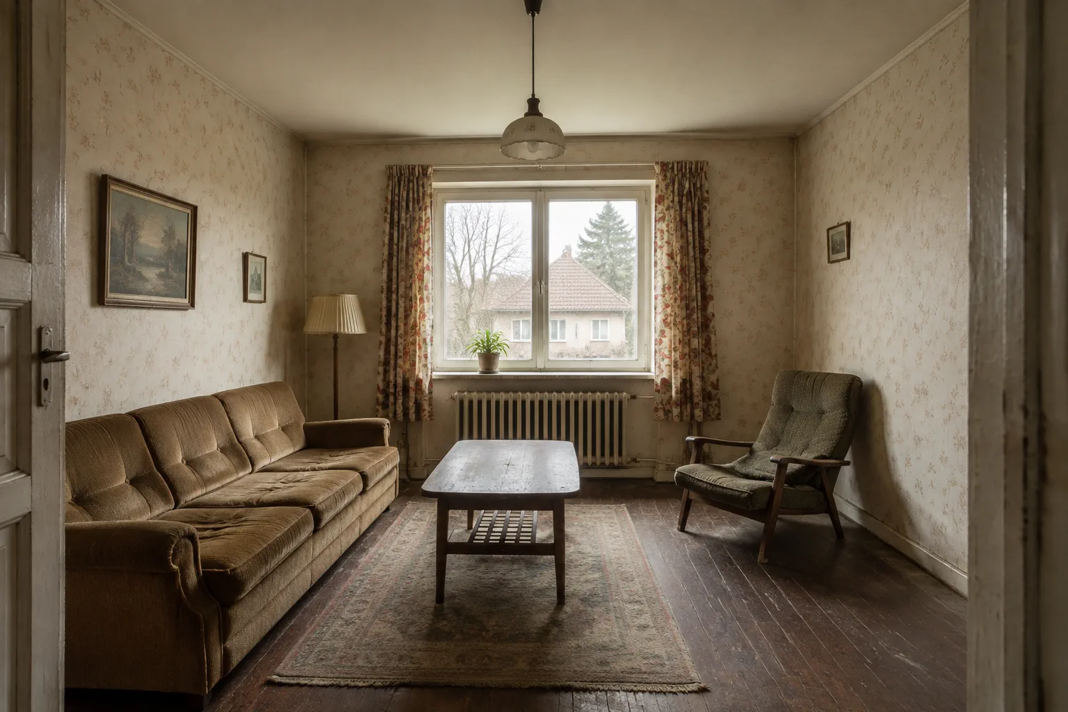 Visualisering av samma vardagsrum före renovering