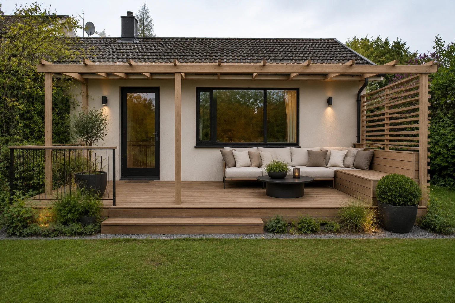 Visualisering av en lyxig terrass med pergola